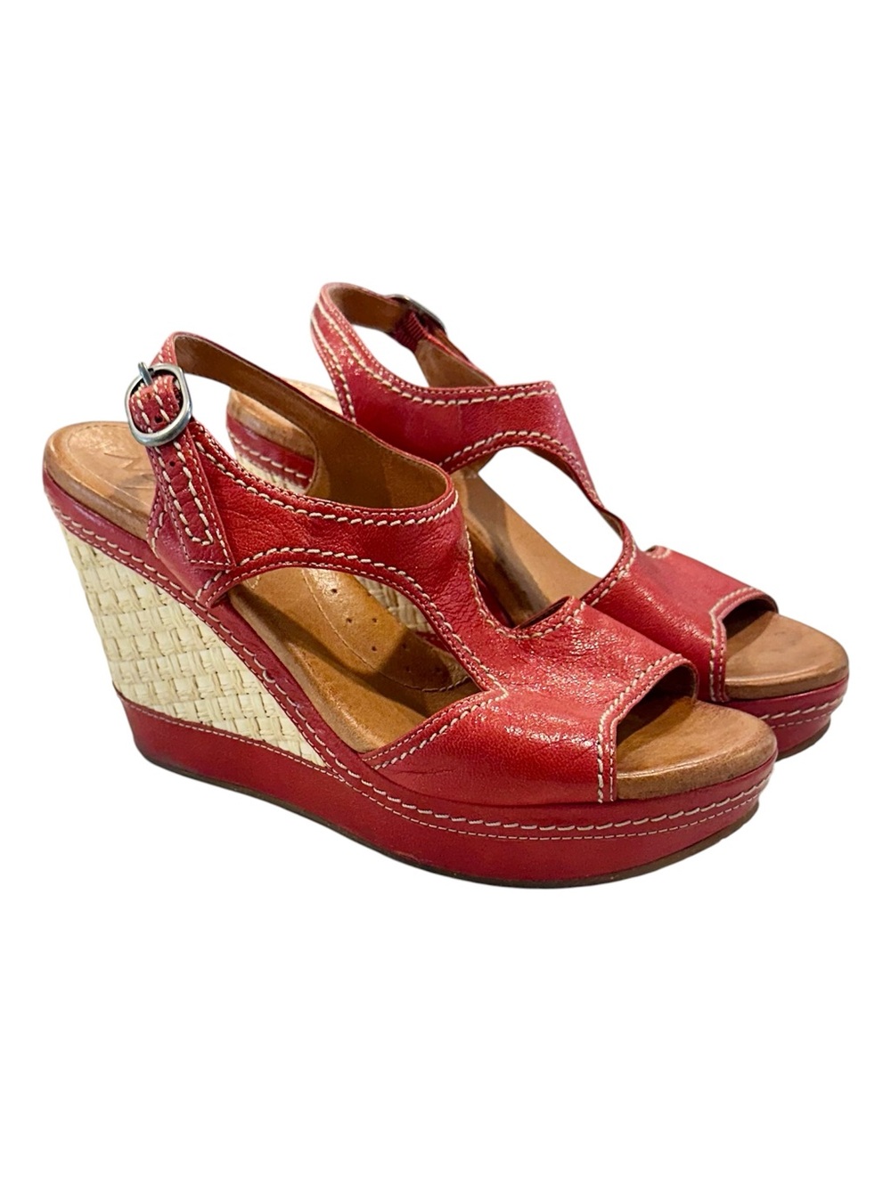 Anthropologie Naya Red Leather Wedge Sandals with Woven Espadrille Detail - 9 - Picture 11 of 11